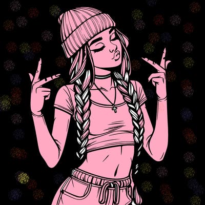 realistic teenage girl with braids and a beanie and crop top doing 🫶🏼