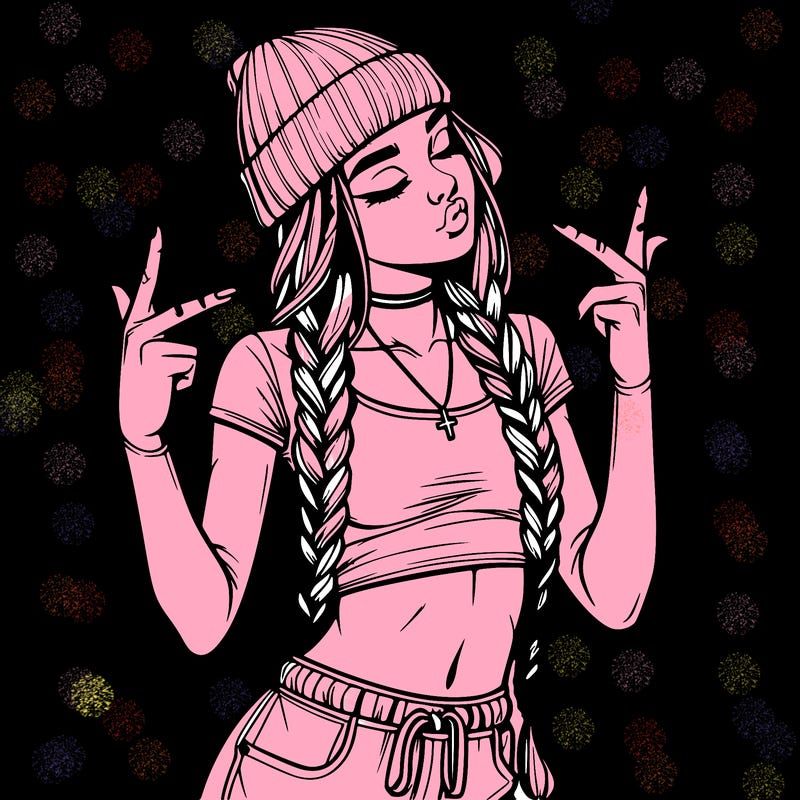 realistic teenage girl with braids and a beanie and crop top doing 🫶🏼