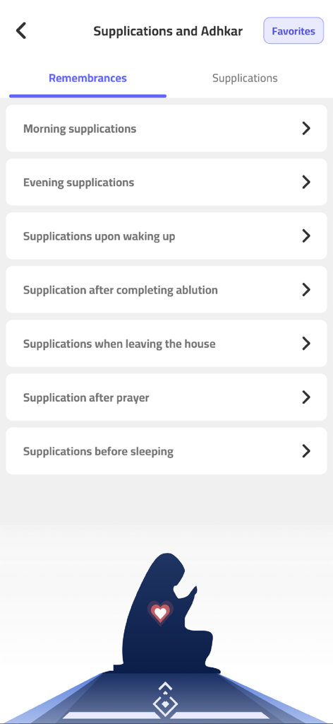 Die Benutzeroberfläche der Al-Roznama-App, die eine Liste täglicher Bittgebete und Gedenken für Muslime anzeigt, einschließlich Morgen- und Abendgebete.