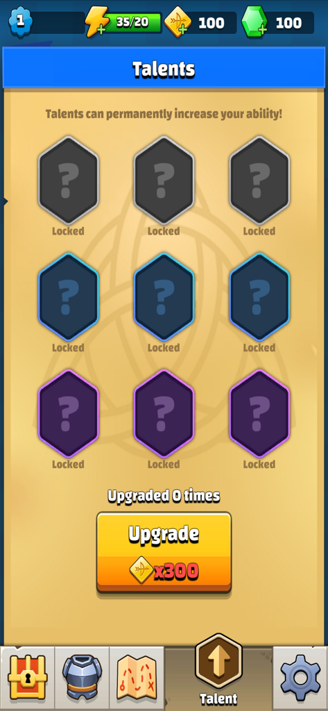 Archer Hunter - Adventure Game - Archer Hunter game talent upgrade screen showing locked ability slots and upgrade button