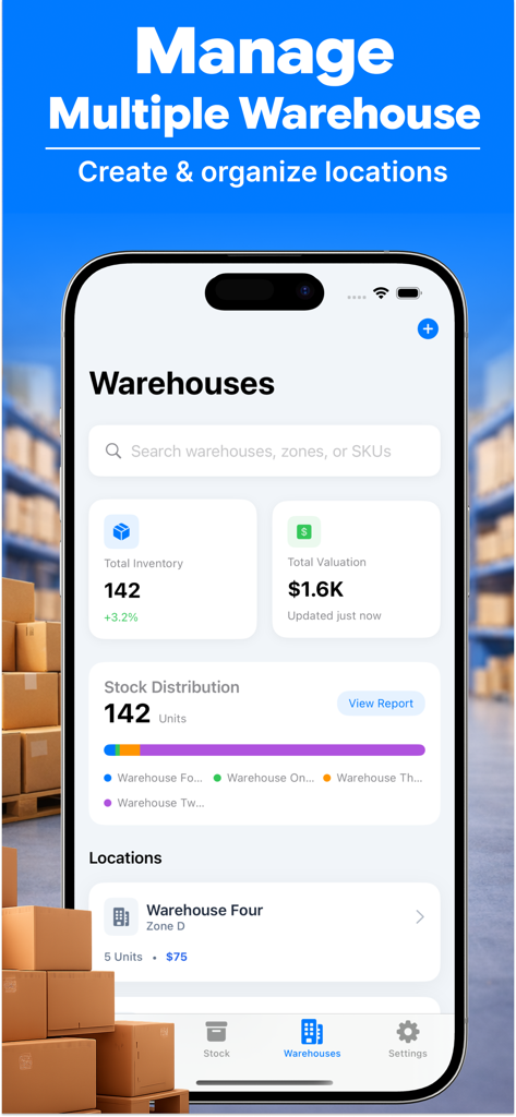 Inventory Tracker - Stock - A screenshot of the Inventory Tracker app showing the dashboard for managing multiple warehouses with stock valuation and distribution