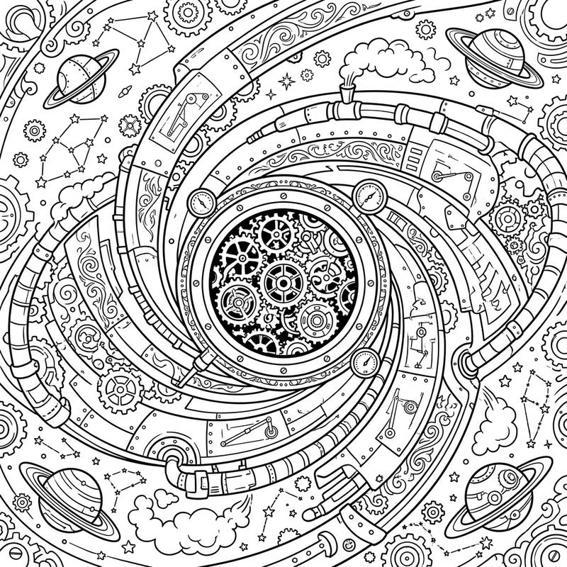 Explore the fascinating intersection of cosmic phenomena and Victorian machinery with this unique Steampunk Accretion Disk coloring page. Dive into a world of intricate gears, pipes, and celestial wonders ready for your artistic touch.