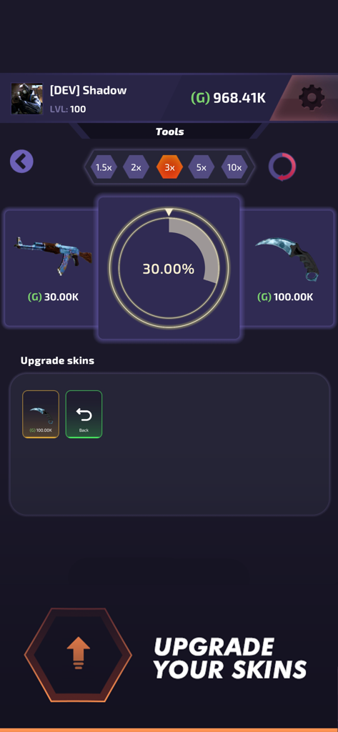 Case Battle - Skins Simulator - Interface showing the skin upgrade feature in the Case Battle mobile app