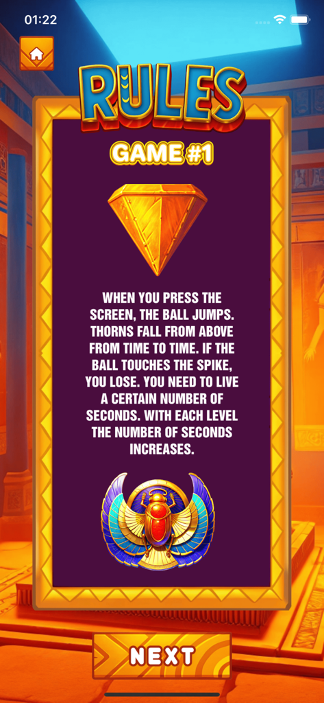 Ancient Spike Assault! - Rules screen for Game 1 in Ancient Spike Assault showing gameplay instructions with an Egyptian theme