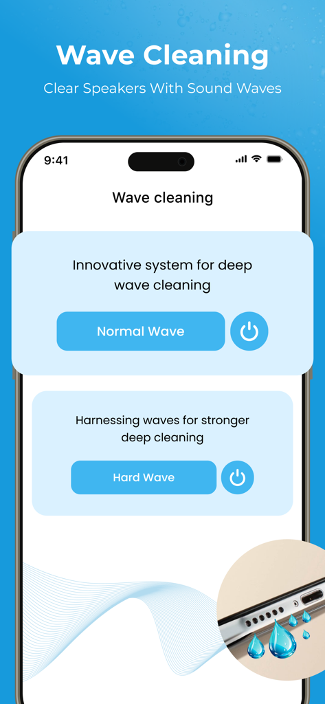 Water Ejector : Water Eject - Water Ejector app interface showing wave cleaning options to remove water from iPhone speakers.