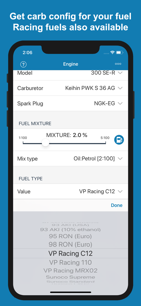 Jetting Sherco 2T Moto Bikes - Pantalla de configuración del motor y combustible en la aplicación Jetting Sherco 2T que muestra el modelo de la moto y las opciones de combustible de carrera