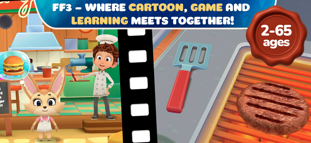 Burger Maker: Kitchen Game FF3 - A cartoon cooking scene featuring a chef and a fox next to a burger patty grilling on a stove