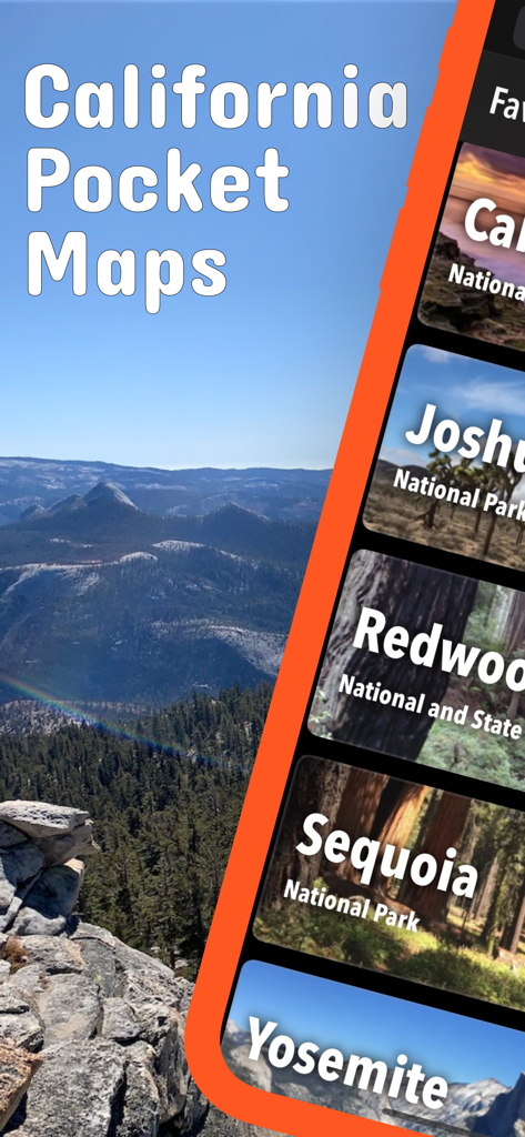 요세미티와 세쿼이아를 포함한 국립공원 목록을 보여주는 캘리포니아 포켓 지도 앱 화면.