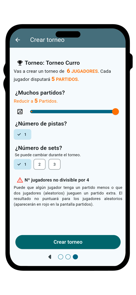 Tennis & Padel Tournaments - Ein Bildschirm einer mobilen App zur Einrichtung eines Racketsport-Turniers mit Optionen für Spieleranzahl, Anzahl der Spiele, Courts und Sätze.
