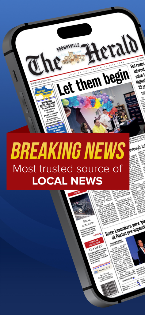 The Brownsville Herald News - Smartphone screen displaying The Brownsville Herald newspaper with a banner for breaking local news