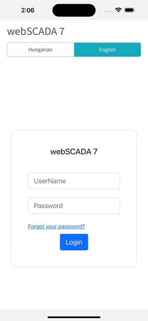 webSCADA7 - Login screen for the webSCADA 7 industrial automation mobile app