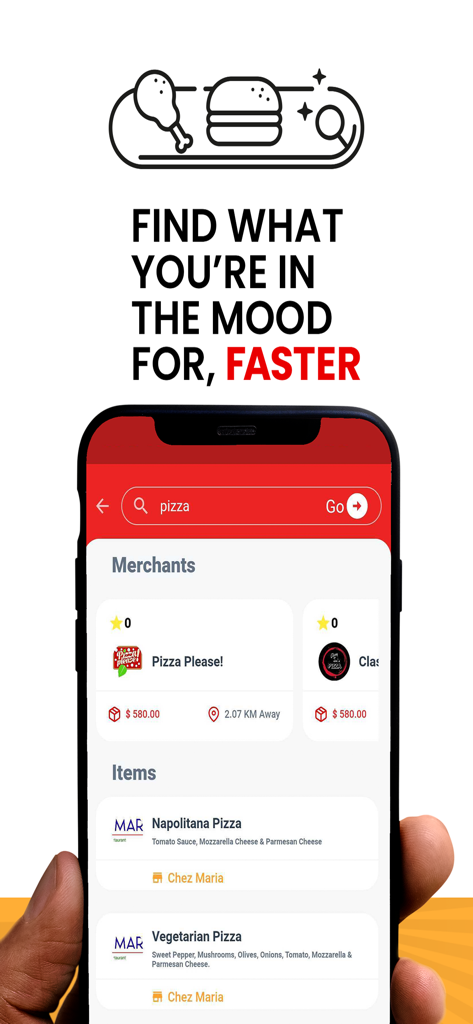 QuickCart: Food & Grocery - Mobile screen showing search results for pizza including local merchants and specific menu items on the QuickCart app