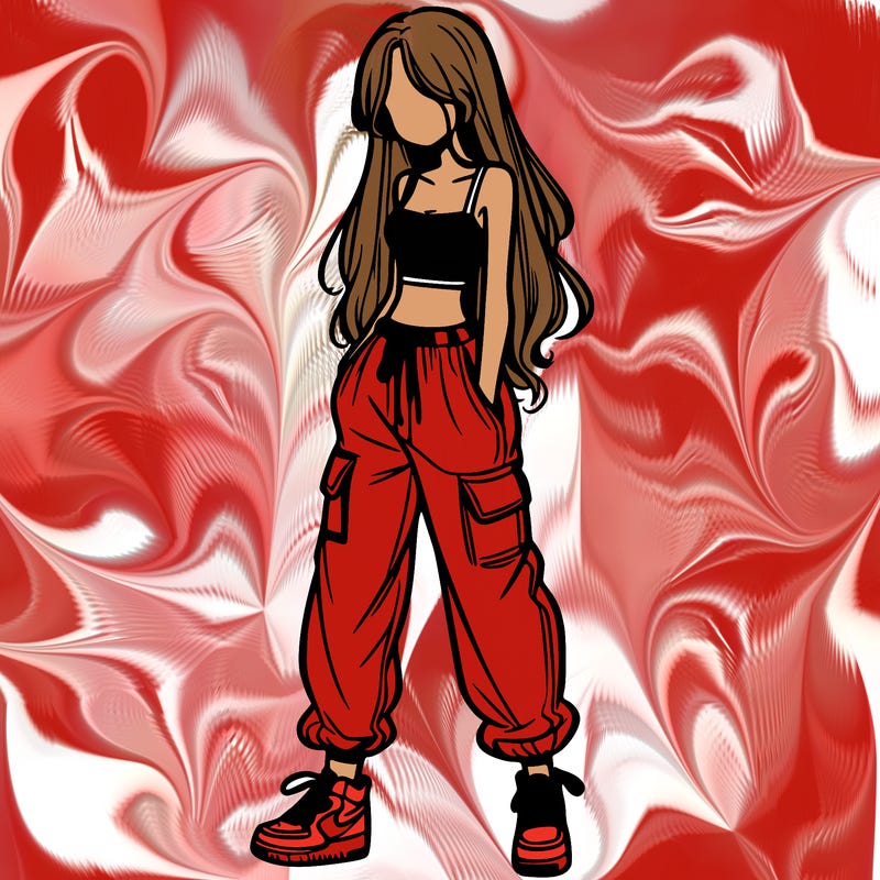 girl in baggy pants crop top and long hair