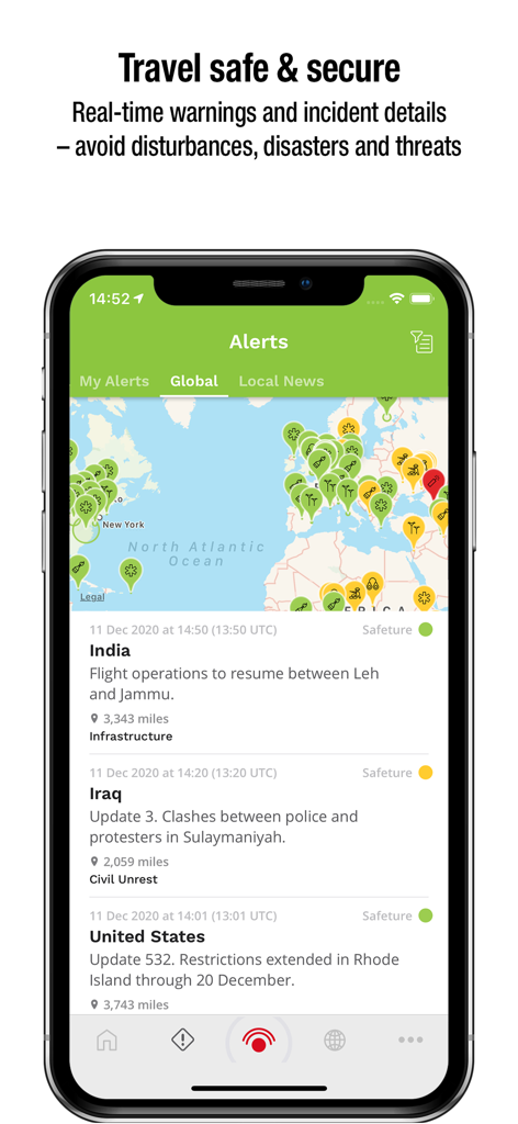 Safeture - Safeture app interface showing a global map with real-time safety alerts and detailed incident warnings for international business travelers.