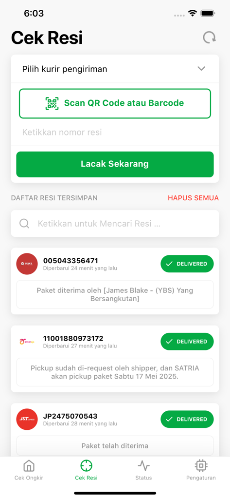 Kiriman+ - Kiriman plus app interface showing the tracking receipt screen with a list of delivered Indonesian shipments