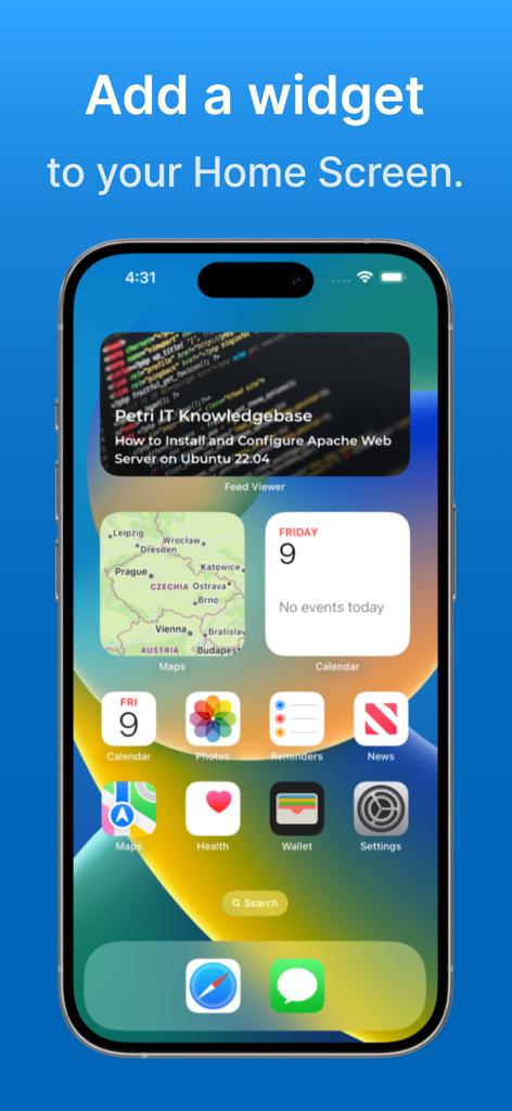 Feed Viewer RSS news widget on an iPhone home screen displaying a technology article