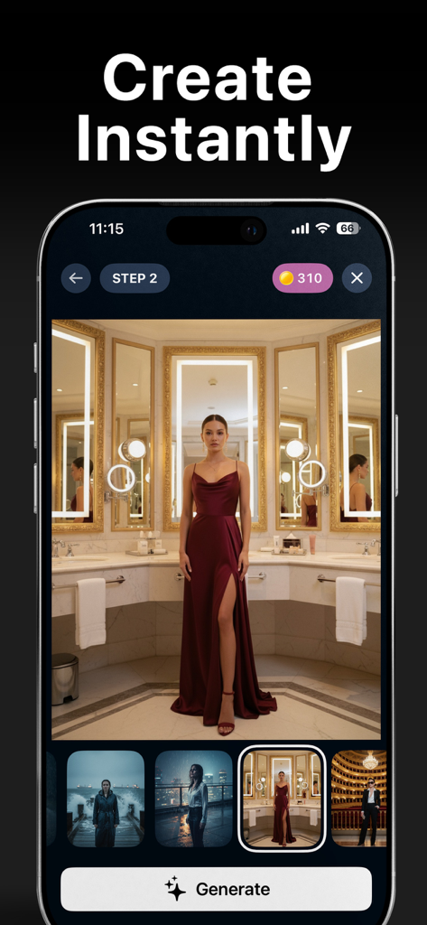 AI Photo Generator - Glowy - Glowy AI photo generator app screen showing a woman in a formal dress with the headline create instantly