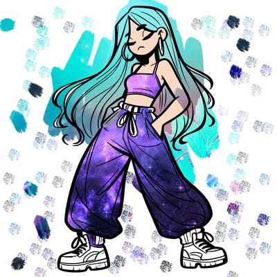 girl in baggy pants crop top and long hair