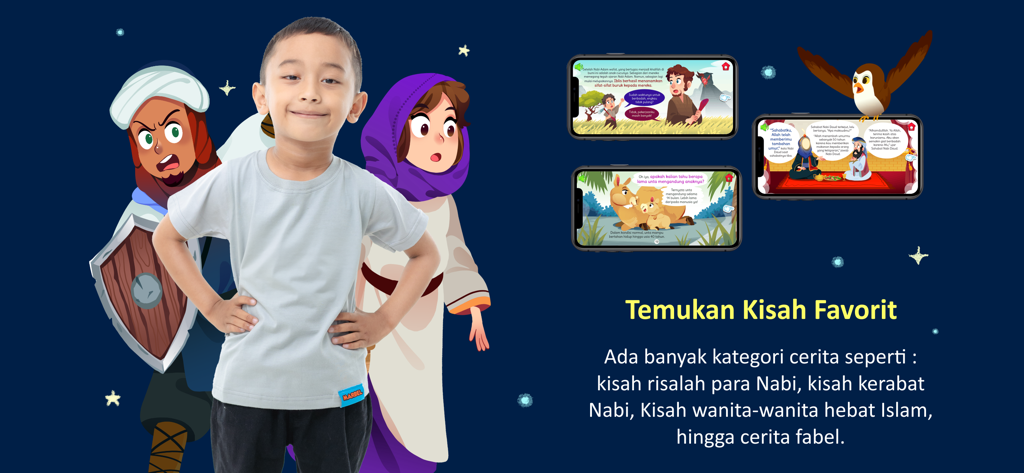 Kabi Story Book - Um menino em pé na frente de personagens animados e telas de celular exibindo histórias islâmicas do aplicativo Kabi Story Book