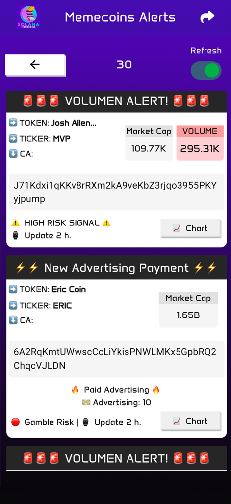 Memecoin Alerts: Real-Time SOL - Real time Solana memecoin alerts interface showing market cap and volume data