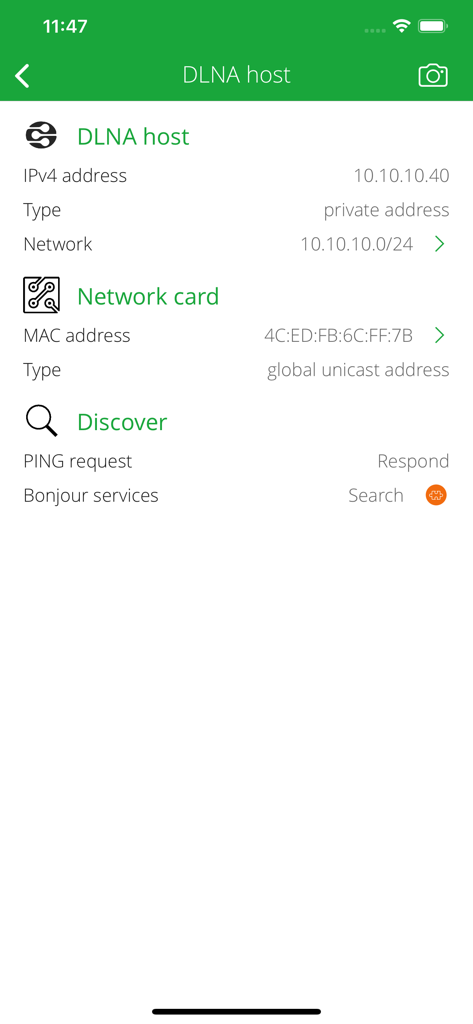 DLNA Browser - Technical details of a DLNA host showing IP address, MAC address, and network information