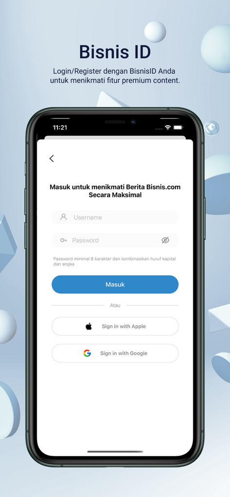 Login and registration interface for the Bisnis ID on the Bisnis.com financial news app