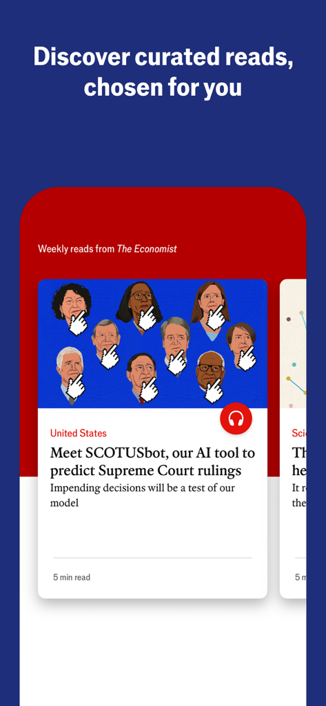 Espresso from The Economist - Mobile app interface of Espresso from The Economist showing a curated article about an AI tool for Supreme Court rulings with audio and read-time icons.