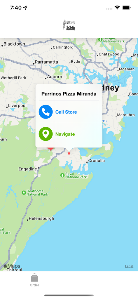 Parrinos Pizza App - Map view of Parrinos Pizza Miranda with call and navigation buttons