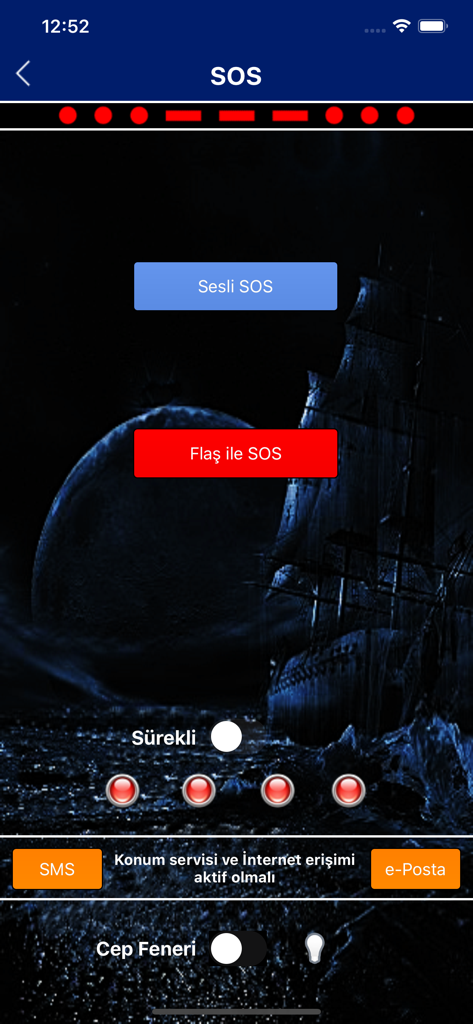 Tela SOS do aplicativo Deniz Durumu com opções de emergência por voz, flash e SMS.