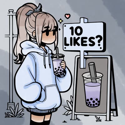 girl with oversized hoodie drinking boba and she has a high ponytail with a sign that says 10likes?