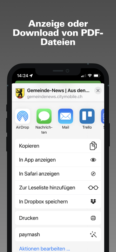 iOS sharing menu for a PDF file in the Gemeinde-News municipality app