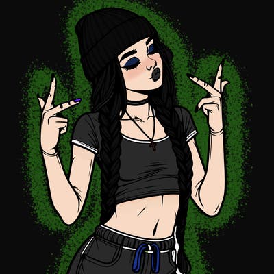 realistic teenage girl with braids and a beanie and crop top doing 🫶🏼