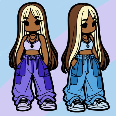 girl in baggy pants crop top and long hair