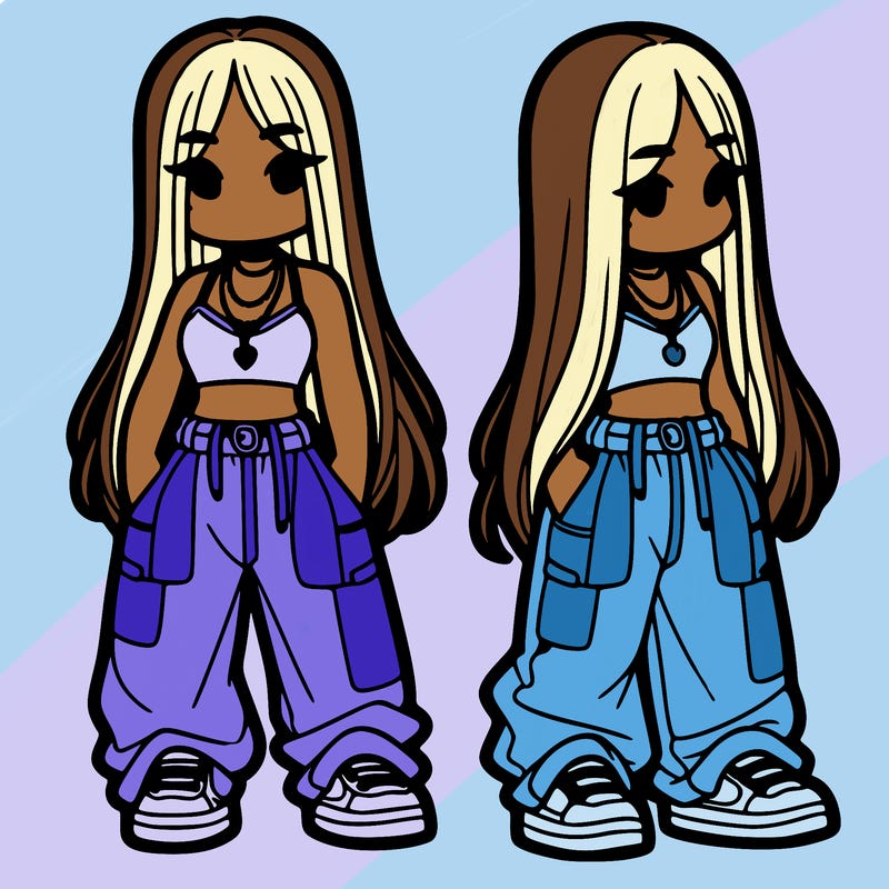 girl in baggy pants crop top and long hair