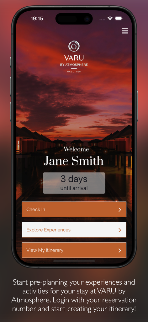 VARU by Atmosphere - VARU by Atmosphere mobile app welcome screen showing check in and itinerary options