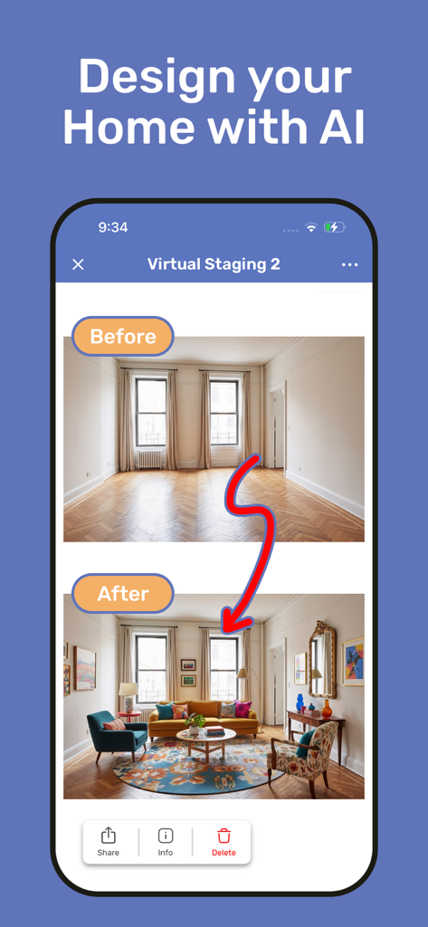 Mood Board creator - HomeBoard - AIを使用して家具が配置されたリビングルームに改装された空の部屋を示す、インテリアデザインの比較（ビフォーアフター）