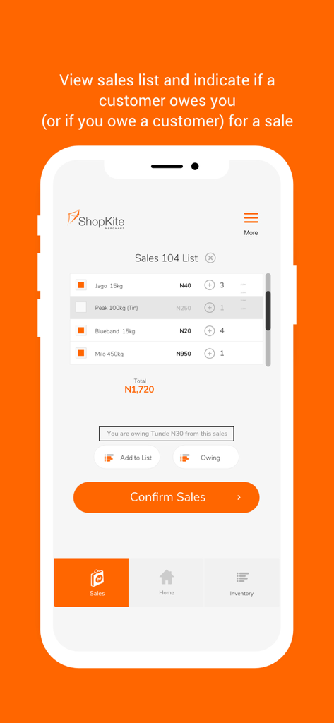Interfaccia dell'app Shopkite Merchant che mostra un elenco di vendite con articoli e funzionalità di gestione del debito del cliente