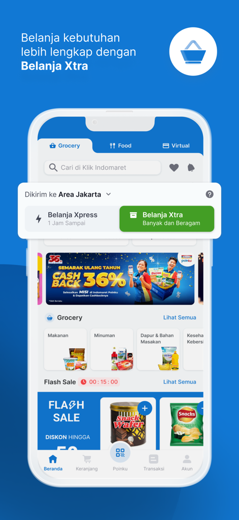 Screenshot of the Klik Indomaret mobile app home screen showing grocery categories like food and drinks and a flash sale section