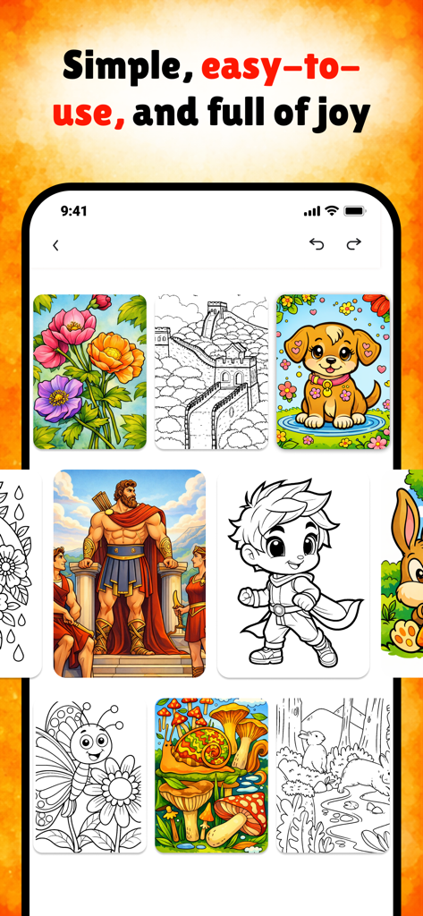 FillColor: Bliss Coloring Book - Smartphone screen showing a selection of coloring designs in the FillColor app library