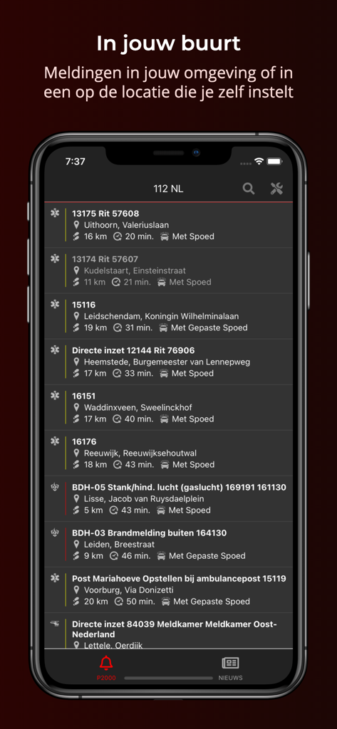 List of real-time emergency service notifications on the 112-Nederland app interface
