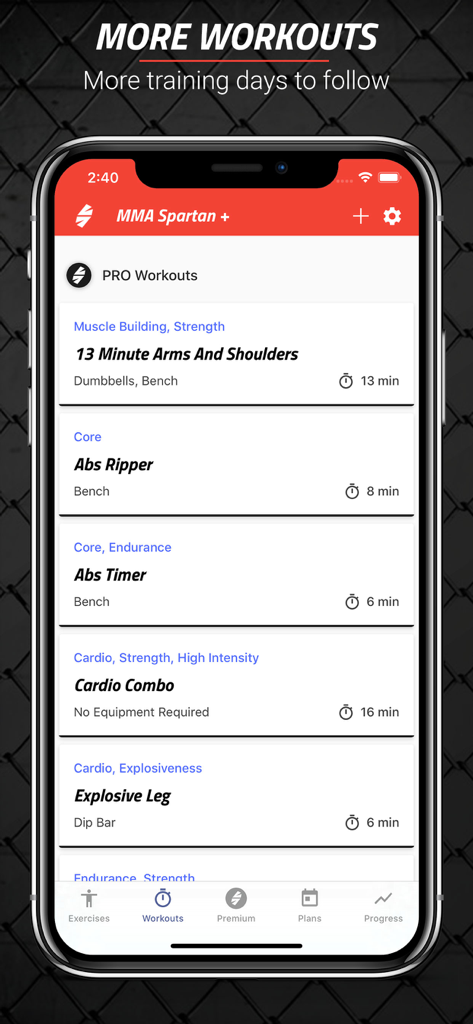 iPhone screenshot of the MMA Spartan app showing various professional workout routines including Abs Ripper and Cardio Combo