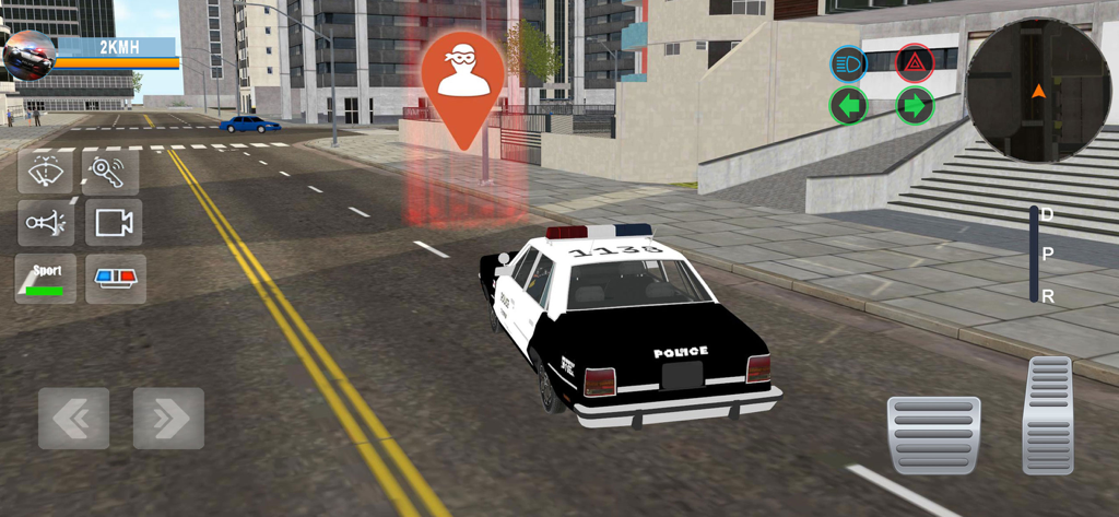 Police Simulator: City Crime - A police cruiser driving through a city street towards a crime mission marker in Police Simulator City Crime