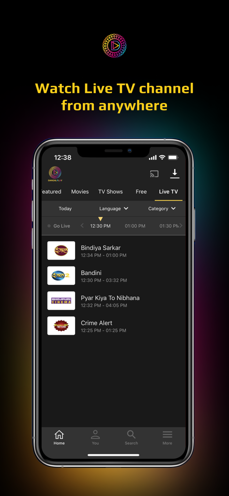 Dangal Play - Dangal Play app screen showing the Live TV schedule for Hindi and Bhojpuri channels like Bindiya Sarkar and Bhojpuri Cinema.