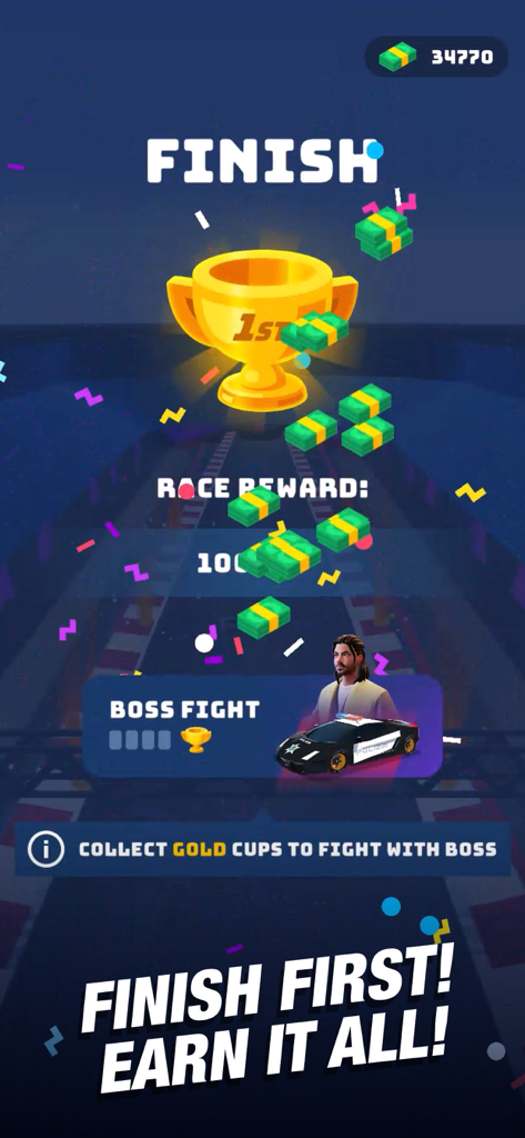 Race Master 3D victory screen with a gold trophy and cash rewards