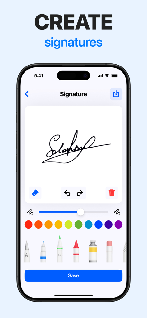 Mobile app interface for creating and customizing electronic signatures with drawing tools