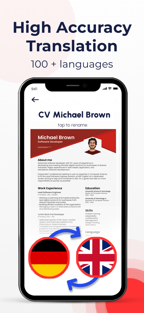 PDF Translate Pro - App PDF Translate Pro che mostra una traduzione accurata di un curriculum tra tedesco e inglese