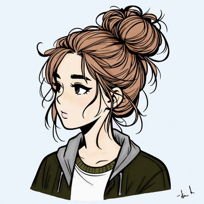 realistic teenage girl with a messy bun