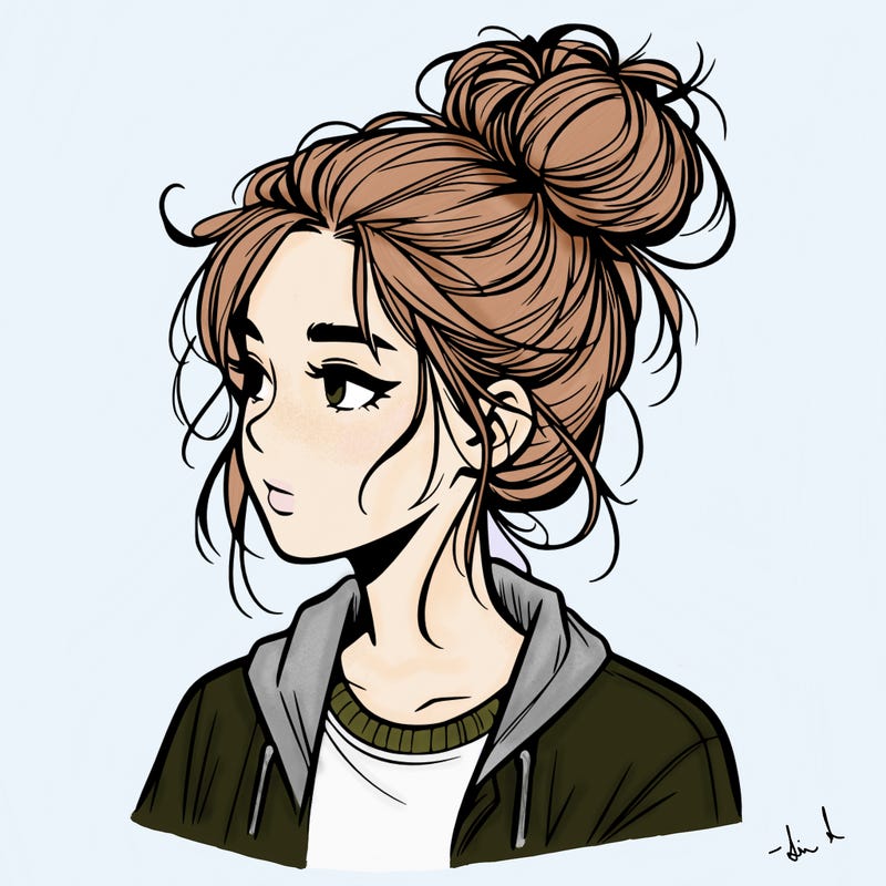 realistic teenage girl with a messy bun
