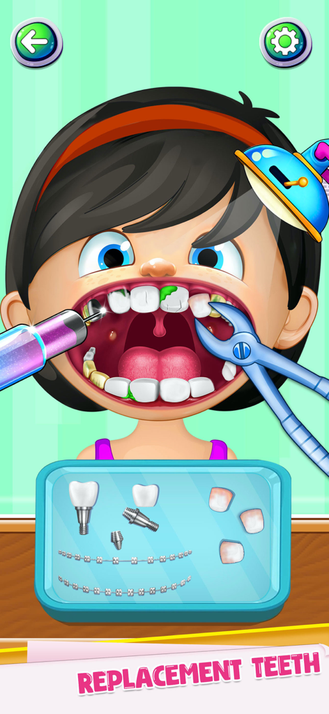 A cartoon girl receives dental care including teeth replacement in a dentist simulator game