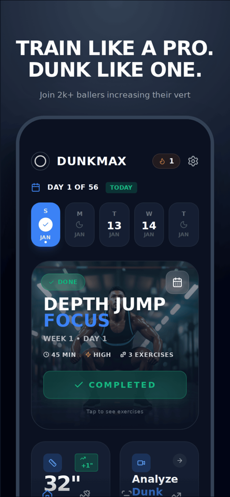DunkMax: Vertical Jump Trainer - O painel do aplicativo DunkMax mostrando um treino de salto em profundidade concluído e um cronograma de treinamento de 56 dias.